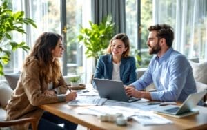 agent-immobilier-conseillant-un-client-dans-un-salon-moderne-et-lumineux-documents-brochures-et-ordinateur-portable-poses-sur-une-table-en-bois-maquette-et-plans-visibles-grandes-fenetres-don