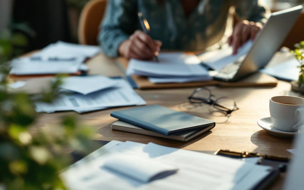 Personne en recherche d'emploi assise à un bureau, triant des documents dans un dossier sur un bureau en bois avec un ordinateur portable et une tasse de café, éclairée par une lumière douce et chaude de fin de journée.