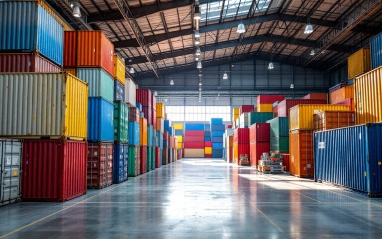 image-dun-entrepot-avec-des-conteneurs-de-stockage-empiles-efficacement-illustrant-une-organisation-soignee-et-un-eclairage-naturel