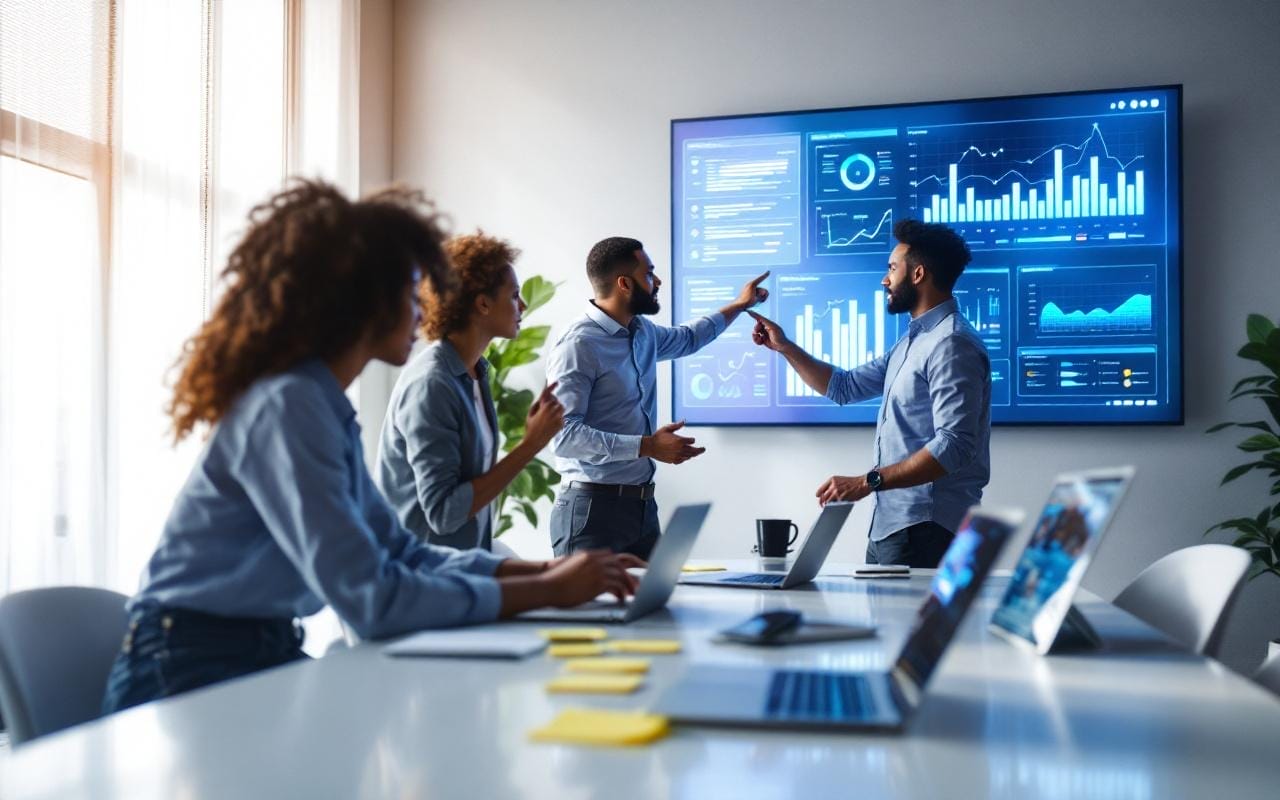 Illustration éditoriale : une équipe marketing B2B dans un bureau moderne analyse un tableau de bord alimenté par l’IA, en consultant des graphiques sur un grand écran.