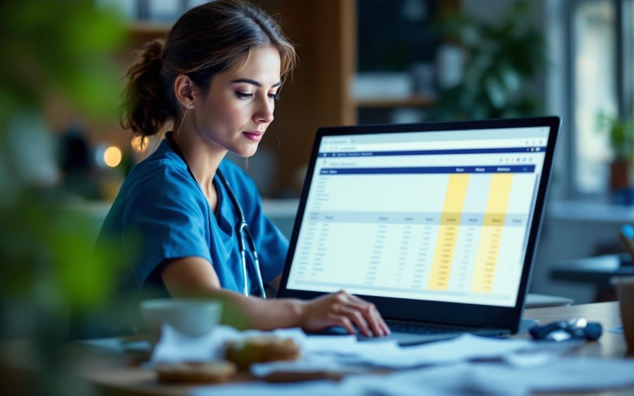 Infirmière en blouse bleue dans un bureau d'hôpital, concentrée, vérifiant des factures médicales sur un ordinateur portable, reçus éparpillés sur le bureau, écran affichant un tableau de facturation, lumière naturelle et volumétrique douce, tons bleus et neutres.
