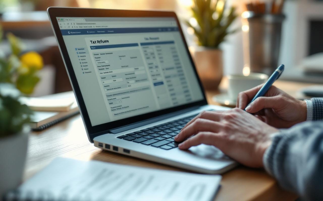 Gros plan sur des mains éditant une déclaration d'impôts en ligne sur un ordinateur portable posé sur un bureau, écran montrant un formulaire, carnet et tasse de café à côté, lumière naturelle chaude.