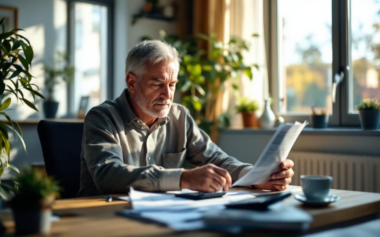 Propriétaire vérifie ses documents fiscaux dans son bureau à domicile, assis à un bureau en bois avec ordinateur portable, piles de papiers, calculatrice et tasse de café, éclairage volumétrique matinal doux.