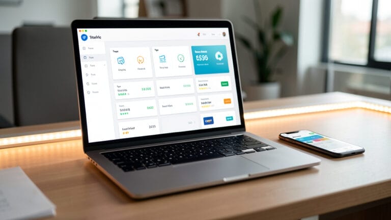 Tableau de bord comptable moderne sur un bureau, avec ordinateur portable et smartphone affichant des données organisées pour les courses, pourboires et paiements par carte, sans texte lisible.