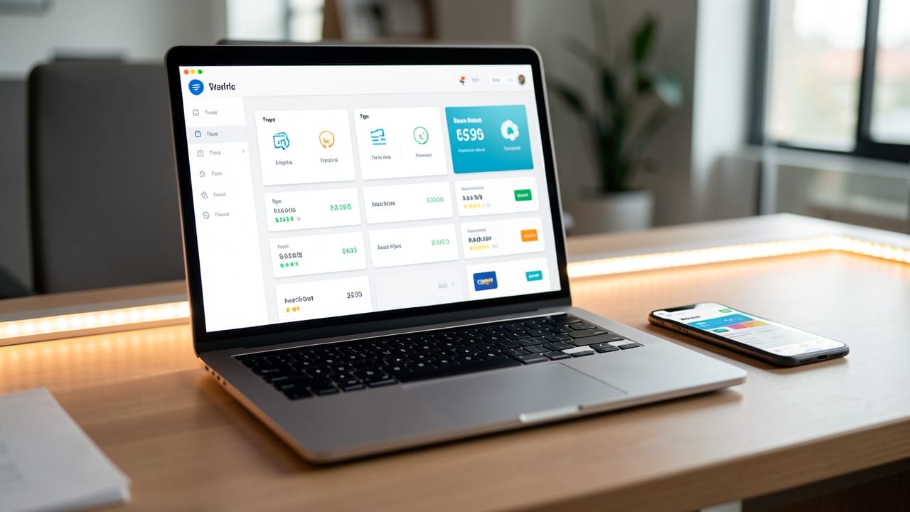 Tableau de bord comptable moderne sur un bureau, avec ordinateur portable et smartphone affichant des données organisées pour les courses, pourboires et paiements par carte, sans texte lisible.