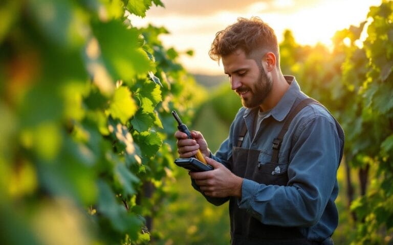un-technicien-examine-lequipement-de-vignoble-entoure-de-vignes-verdoyantes-sous-une-lumiere-naturelle-avec-des-ombres-douces-et-une-ambiance-chaleureuse-au-coucher-du-soleil