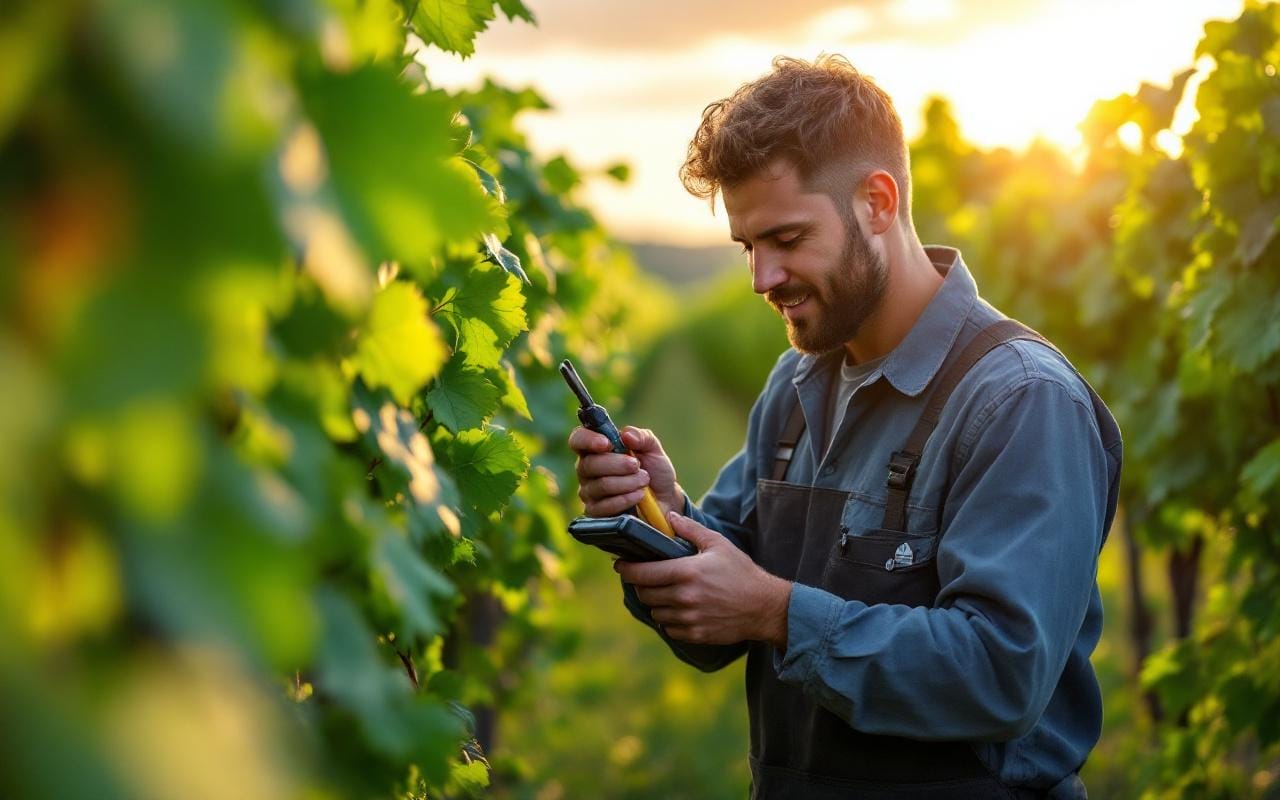 un-technicien-examine-lequipement-de-vignoble-entoure-de-vignes-verdoyantes-sous-une-lumiere-naturelle-avec-des-ombres-douces-et-une-ambiance-chaleureuse-au-coucher-du-soleil